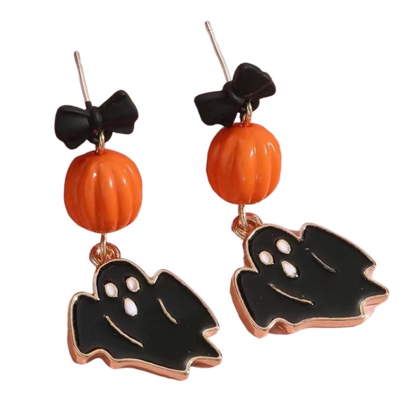 Spooky Black Ghost and Pumpkin Halloween Earrings - Picture 1 of 5